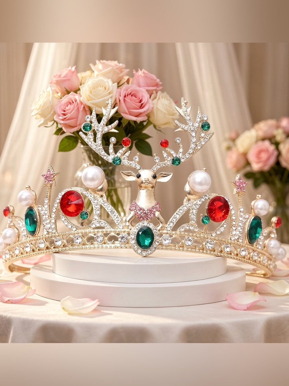Gold-tone Festive Deer Tiara with Red & Green Gems